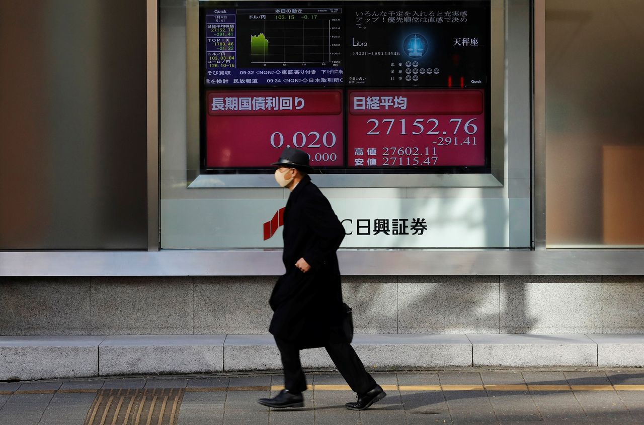 رجل يضع كمامة للوقاية من فيروس كورونا يمر أمام لوحة إلكترونية تعرض المؤشر نيكي في طوكيو يوم 4 يناير كانون الثاني 2021. تصوير: كيم كيونج هون - رويترز.