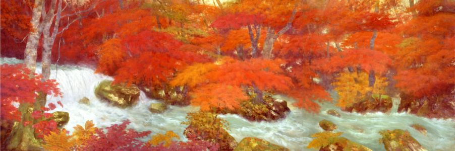  لوحة مجرى نهر أويرسيه في فصل الخريف للرسام أوكودا غينسو، رسمت على الورق عام 1983 معروضة في متحف ياماتاني للفنون