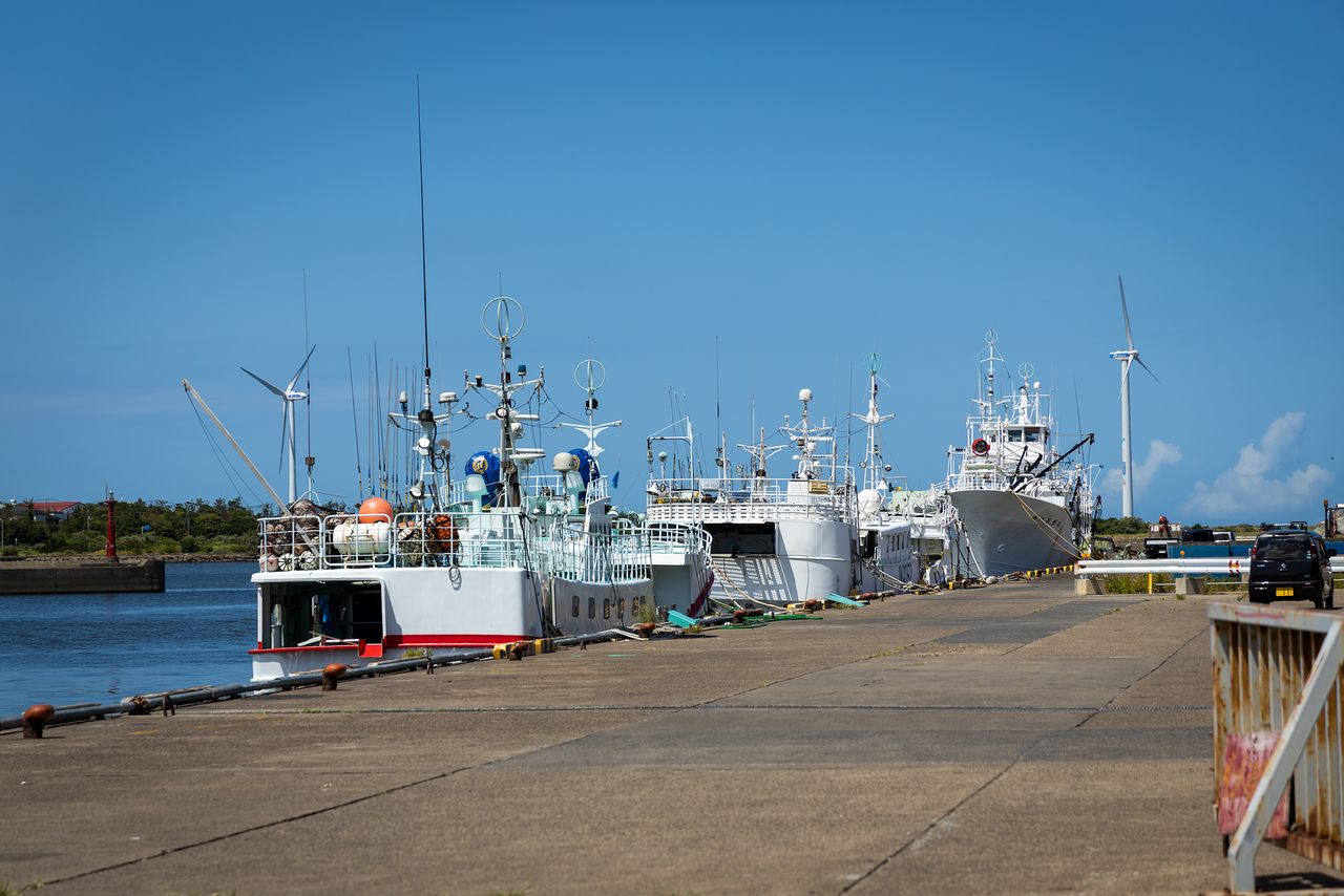 已完成卸货的大型渔船停泊在第一批发市场前