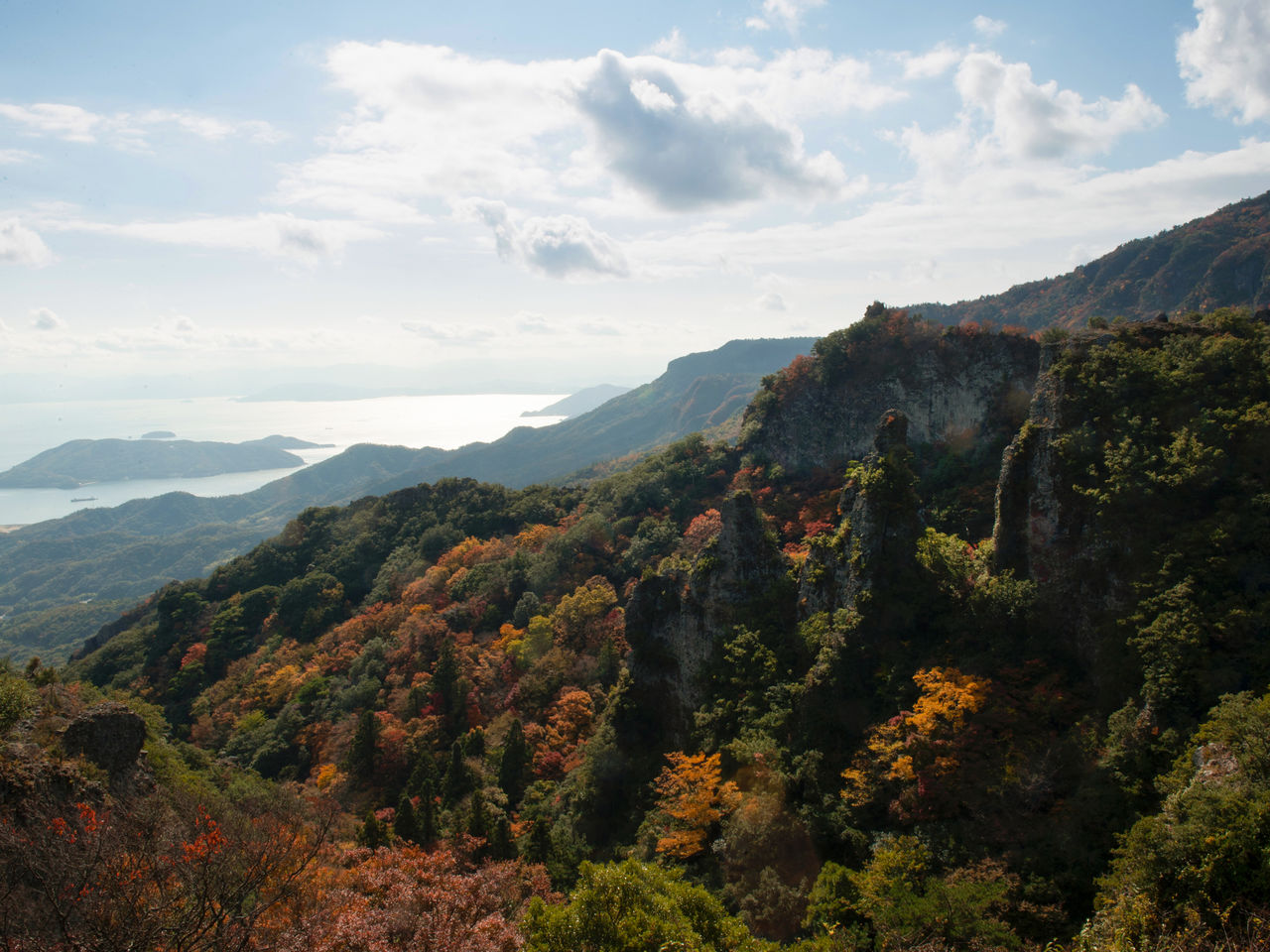 从表登山道之一景“四望顶”眺望红叶正浓的寒霞溪。中间偏右侧可以看到乌帽子岩