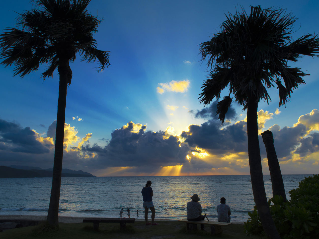 在大滨海滨公园欣赏夕阳的游人