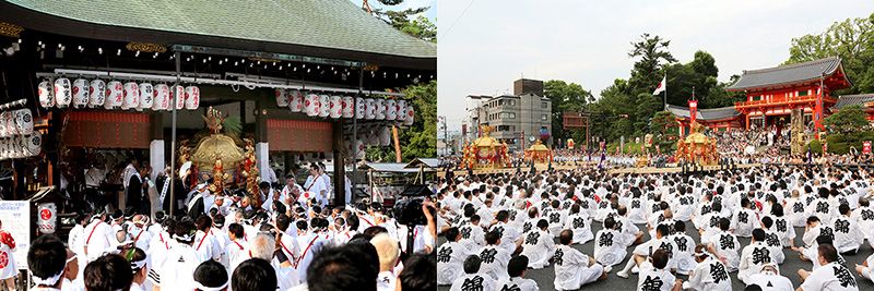 须佐之男命搭乘的神轿从八坂神社的舞殿出发（左图）。京都市市长在3台神轿前发表演说（右图）