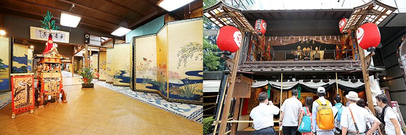 在出展北观音山的町里,也有商家公开展示屏风画(左)。游客也在屏风祭中欣赏珍品(右)