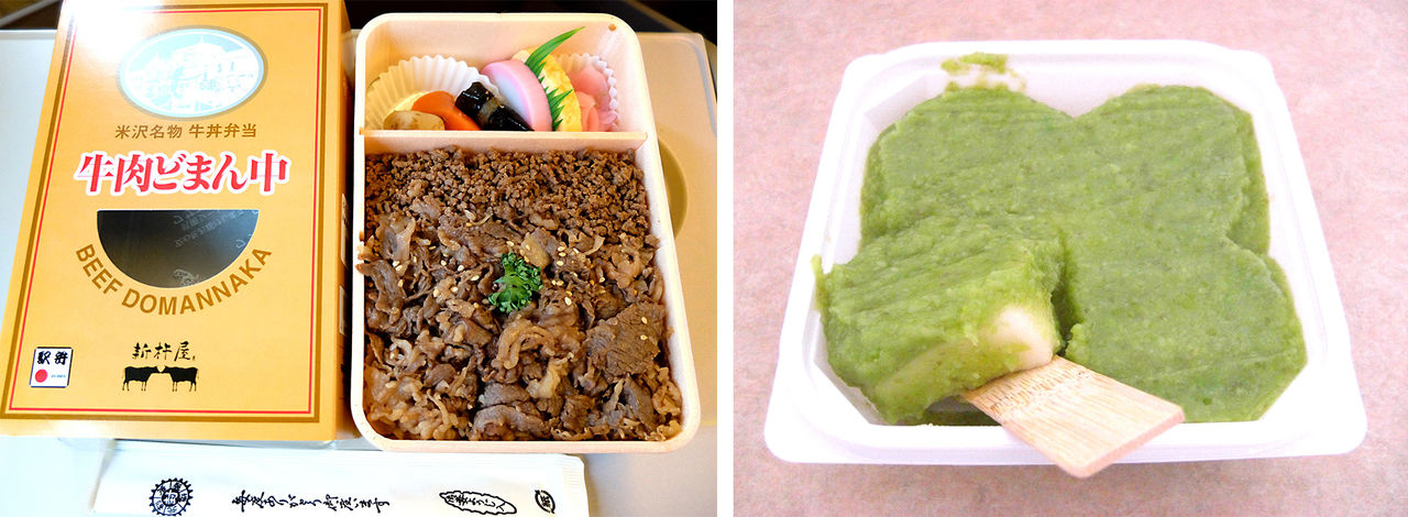 “DOMANNAKA牛肉饭”（左）和毛豆泥麻薯