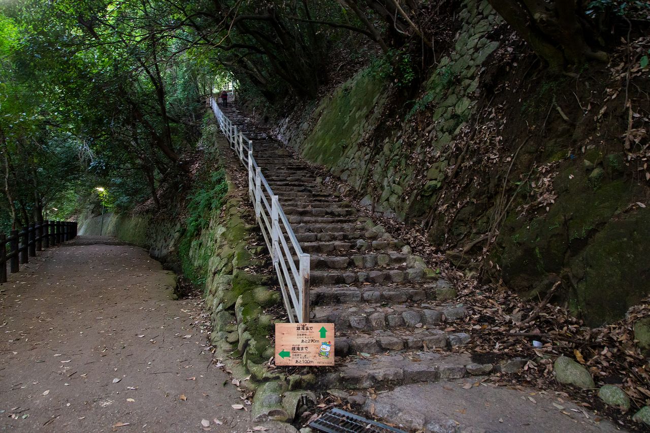 右边的台阶是通往雄滝的近路。如果向左走，则要经过雌滝，再去雄滝