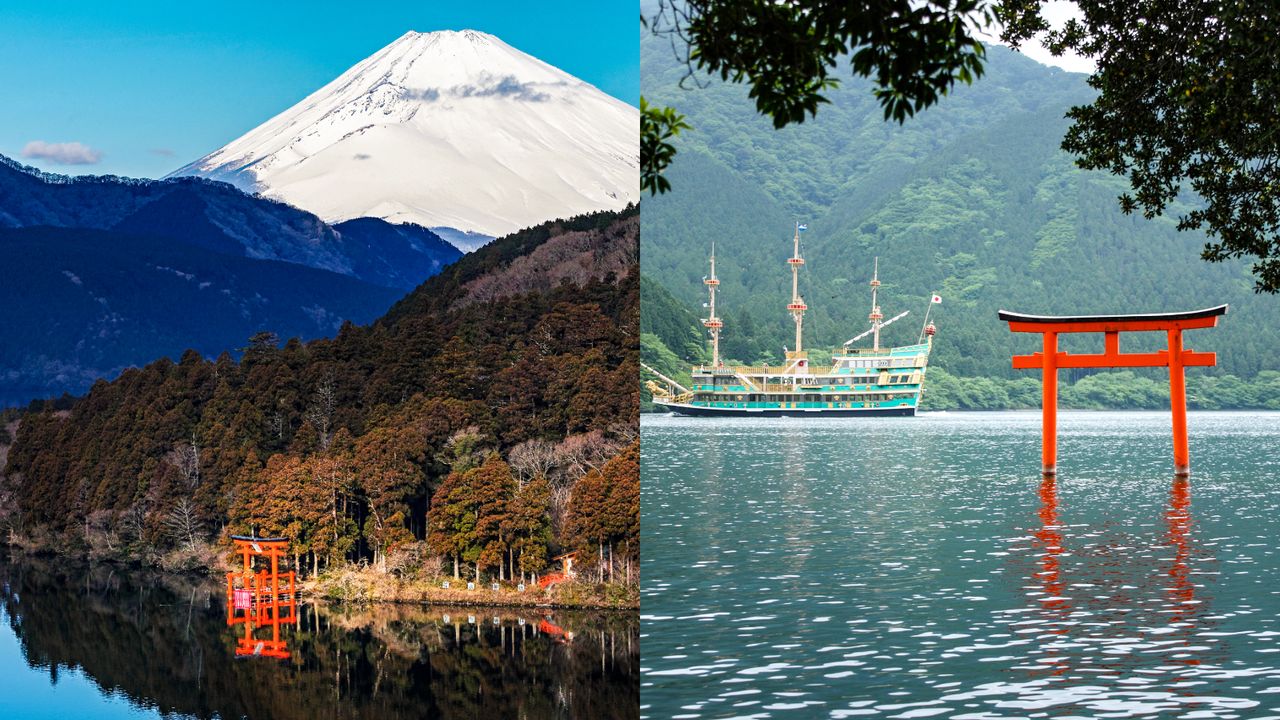 左：著名的摄影景点箱根神社“和平鸟居”；右：本宫的“湖上鸟居”伫立在参拜游船停靠的栈桥前方（PIXTA）