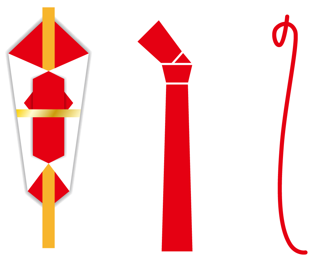 从左至右依次为:包裹着“熨斗鲍鱼”的折形、干鲍鱼图案、用平假名书写的“熨斗”图案(图片:PIXTA)