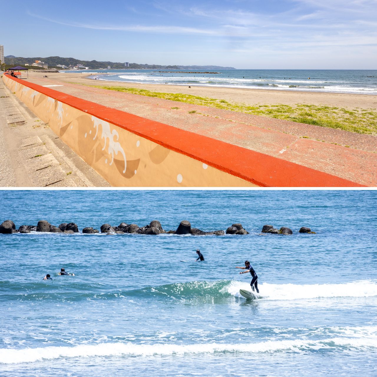 伊八曾经眺望的鸭川的大海。现在是冲浪圣地