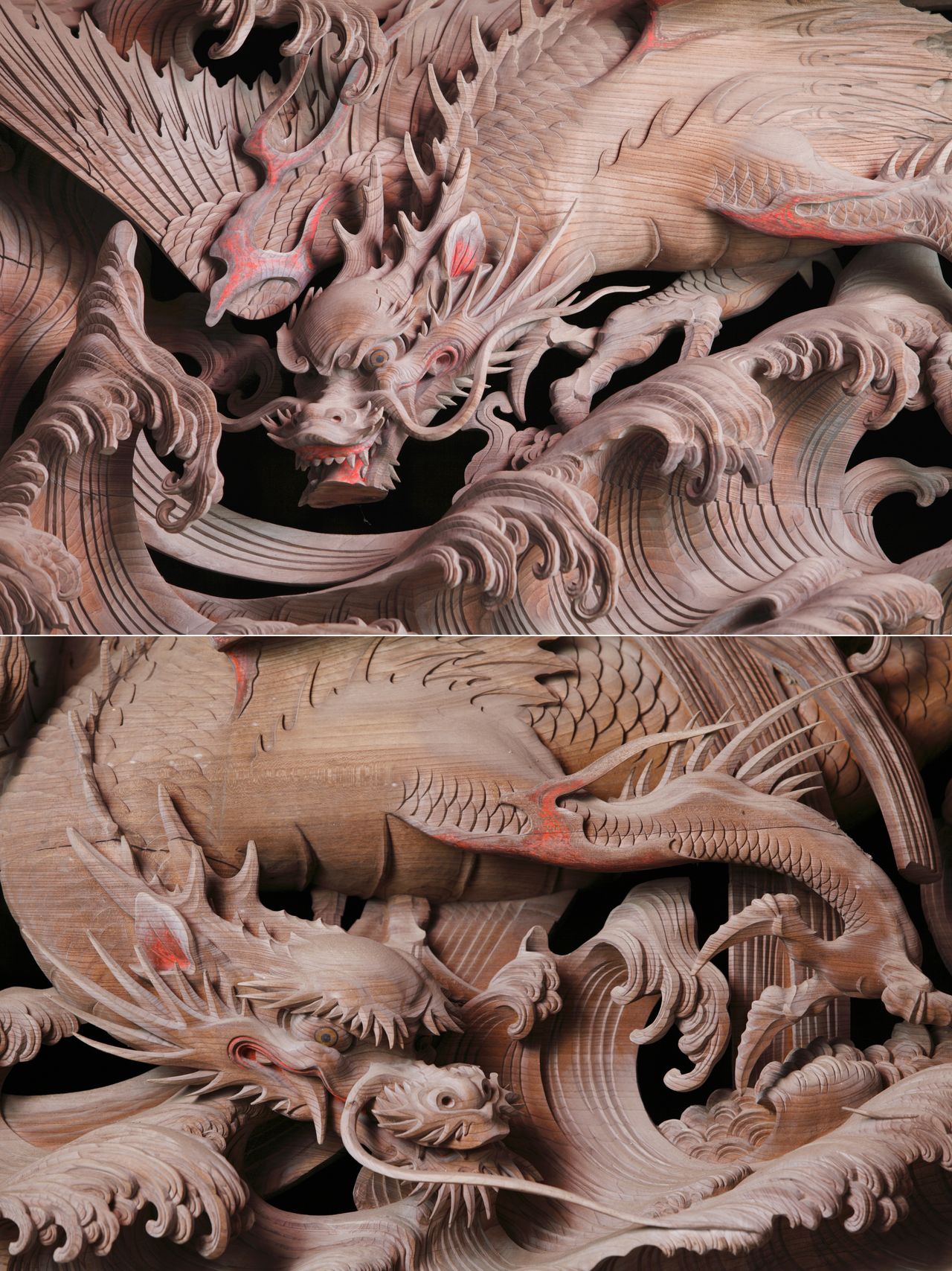 立体感强烈、震撼人心的《波上飞龙》局部。在《浪里》问世前,伊八已经表现了翻卷的巨浪(伊八会提供,小田嶋信行摄)