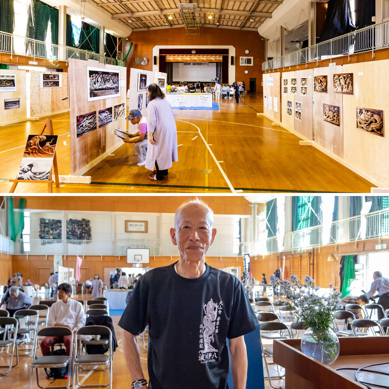 上图:粉丝俱乐部“伊八会”在纪念活动会场举办图片展 下图:会长清水代表纪念活动主办方致辞