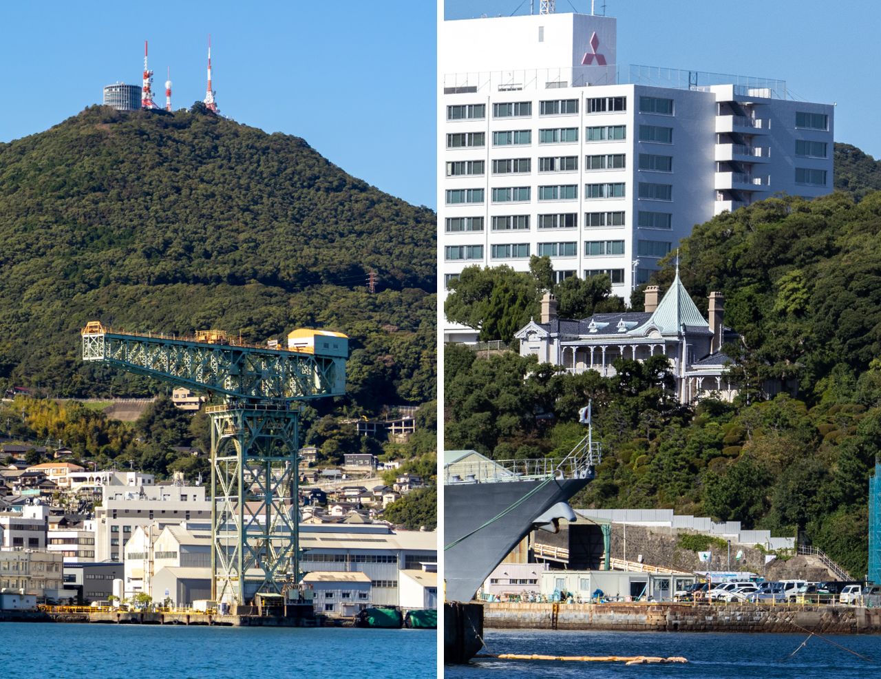(左)高62米的巨型悬臂式起重机 (右)西式洋馆“占胜阁”,因其矗立于高处,独揽长崎港美景而得名