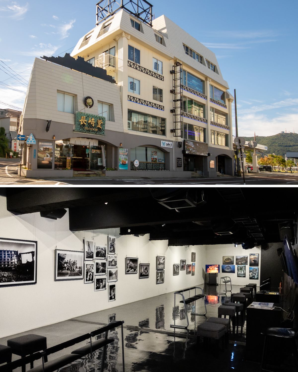 (上)博物馆是一栋四层建筑,内设咖啡厅 (下)一名自由摄影师的作品长廊。这名摄影师曾于1972年入住30号公寓楼,并工作了三个月