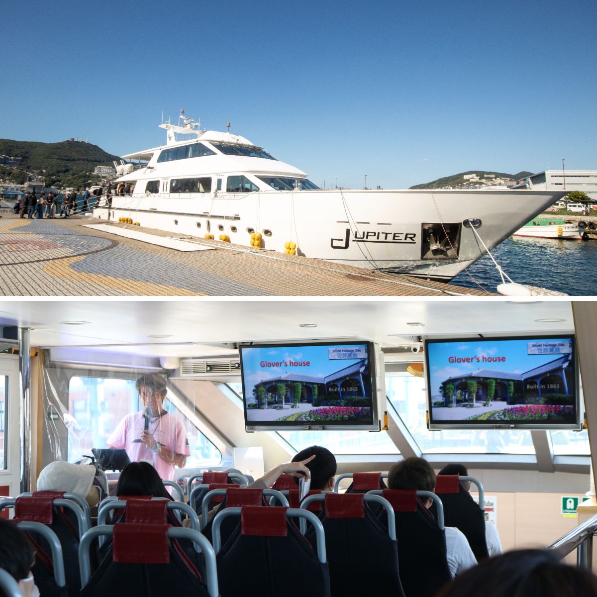 (上)军舰岛Concierge公司运行的双层游船。游客若在上层就座不仅视野佳,还可获赠纪念品等 (下)下层不要求游客对号入座。每个船舱均配有显示屏,播放带英文字幕的长崎世界遗产解说视频(图片:军舰岛Concierge)
