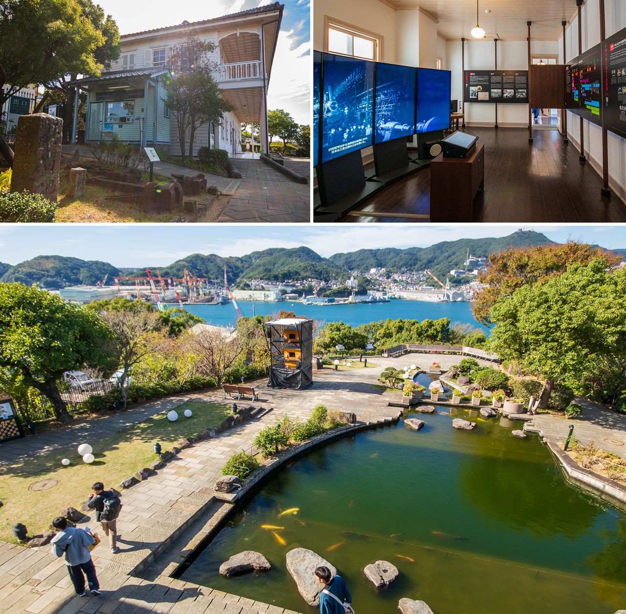 “原三菱第二船坞房”曾是外国人宿舍(上),游客从二楼可以俯瞰三菱造船厂(下)