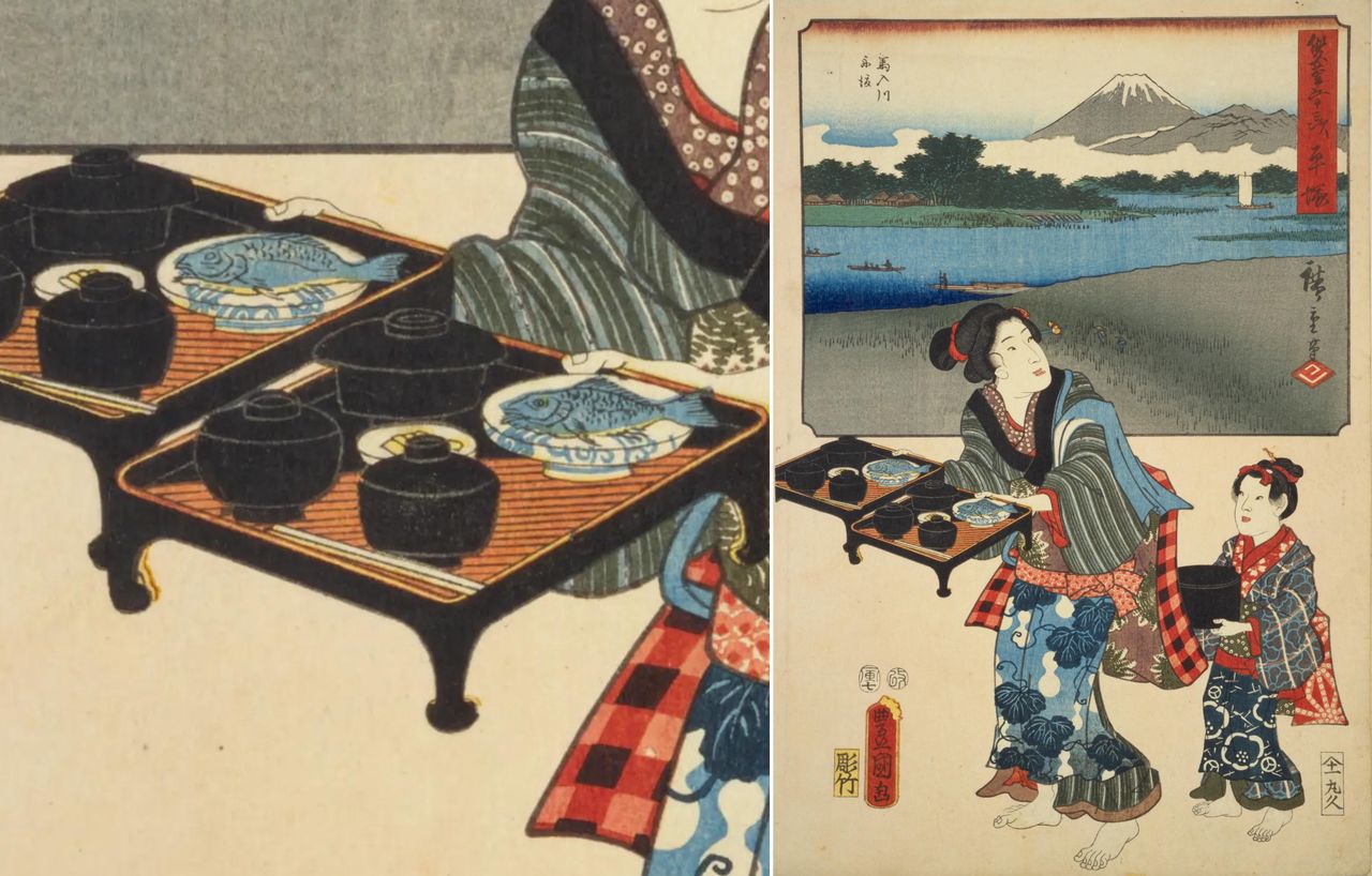 描绘配膳的浮世绘作品。歌川广重与三代歌川丰国合作的《双笔五十三次 平塚》,1854年(国立国会图书馆藏)