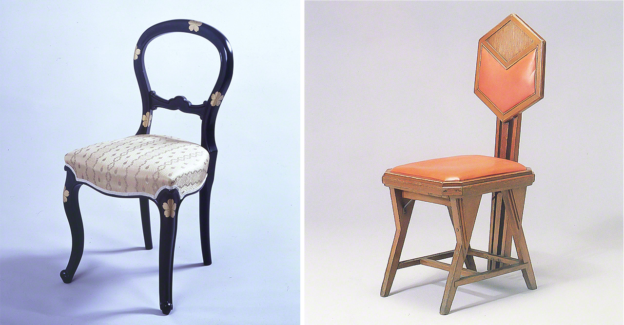 描金彩绘樱花椅，在19世纪英国流行的气球靠背椅上施以日本装饰工艺（左，陈列于西乡从道宅邸），赖特设计的孔雀椅（右，陈列于帝国酒店中央玄关大厅）