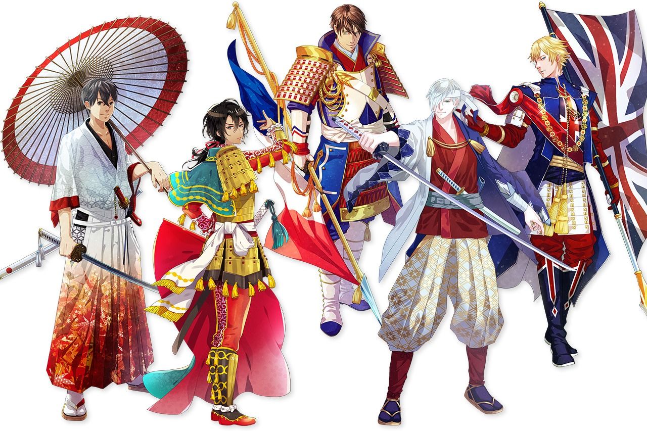 左起依次是日本、西班牙、法国、俄罗斯、英国的国旗拟人角色©WORLDFLAGS