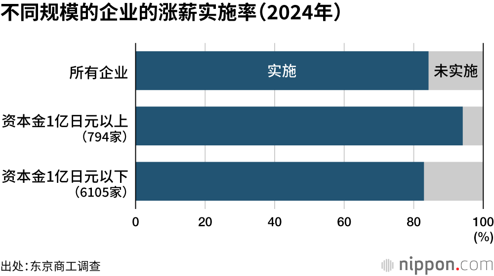 不同规模的企业的涨薪实施率(2024年)