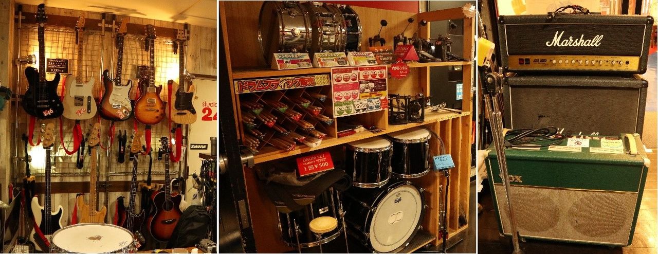 店内还可租借练习时使用的乐器，比如吉他、贝斯、需要增加的架子鼓、套镲、特殊牌子的音箱、电子琴等（或免费或很少的租借费）