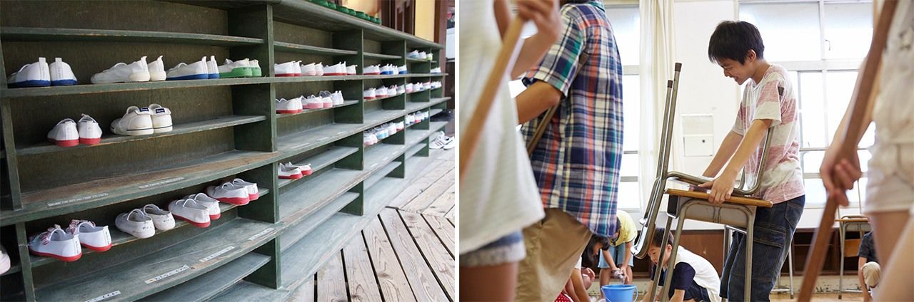 到了学校后需要换上室内专用鞋(左) ©Photo Library  每天放学后，学生们轮流值班打扫教室©Pixta