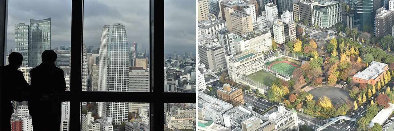 从主甲板眺望摩天楼（左）；俯瞰塔下景色，仿佛盆景一般（图片：日本网）