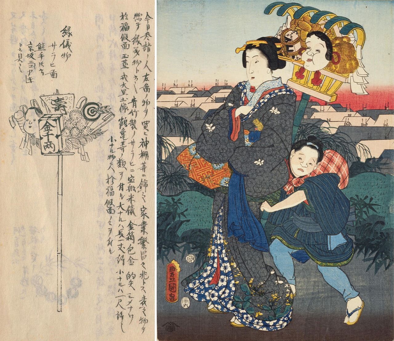 (左)守贞所绘的熊手。这是大号的,有1丈长(约3.03m)。可见宝舟、米俵、千两箱、御福面等装饰物。(右)《十二月之内 霜月酉之町》(丰国绘,安政元年(1854年),国立国会图书馆藏)。让少年帮助运送熊手的女性