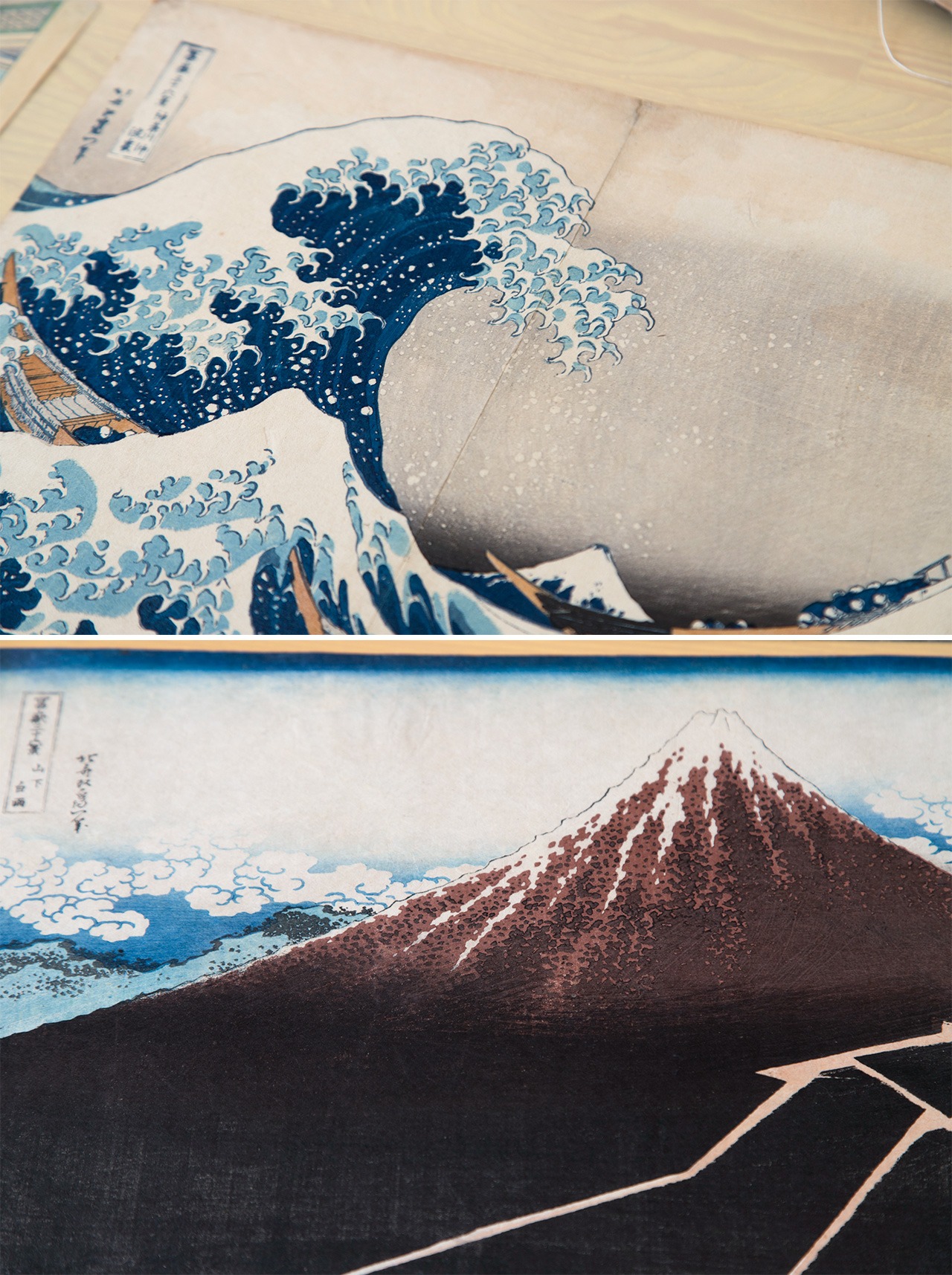 葛饰北斋代表作《富岳三十六景》中的《神奈川冲浪里》（上图）和《山下白雨》。均为浦上的收藏品。