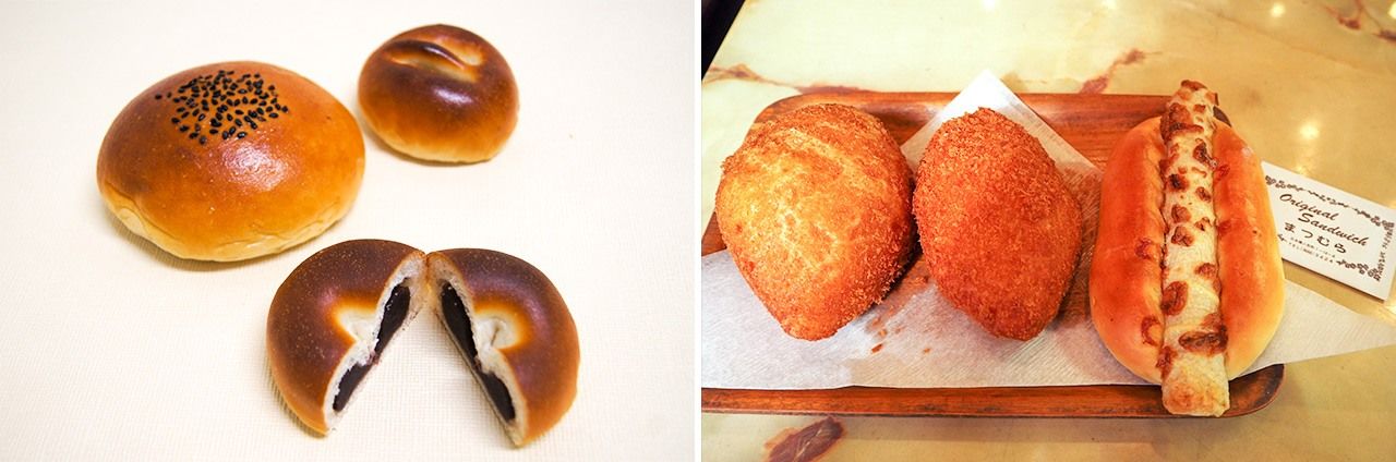左图：木村屋的红豆沙面包，上面的点缀和豆沙馅料也是多种多样。右图：“竹轮热狗”（最右端）等咸面包中使用的馅料，多出自日本独特的创意