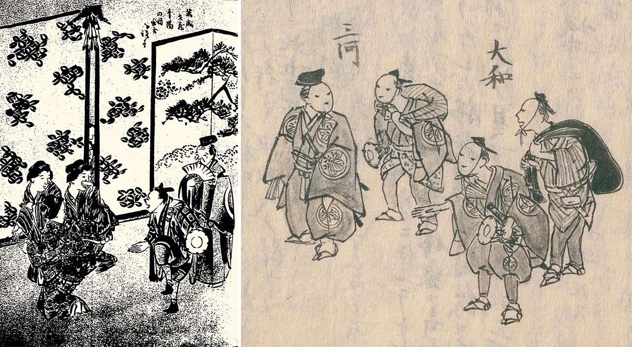 （左）《江户府内绘本风俗往来》（国立国会图书馆藏）的三河万岁，大摇大摆地住进了人们家中。（右）左边为三河万岁，右边为大和万岁的组合。大和（现在的奈良县）的万岁据传历史比三河的更悠久，主要是在上方一带表演