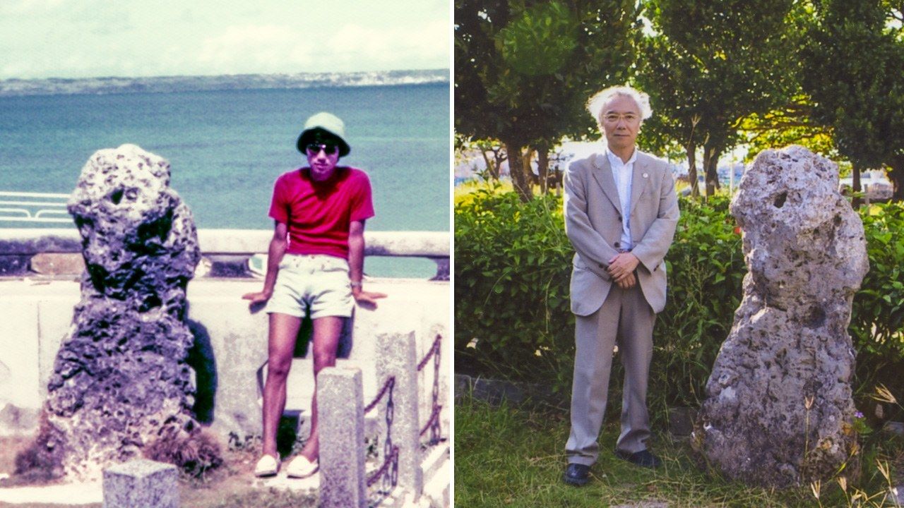45年前，宫古岛的“人头税石”背后是大海（左，1974年9月），如今后面已填海造地，看不清大海了