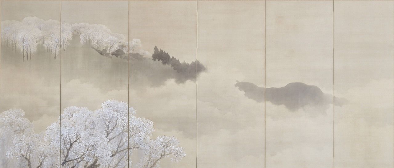 菊池芳文的作品《小雨中的吉野》（1914年，六曲一双屏风，右只高153.7厘米，宽357厘米）