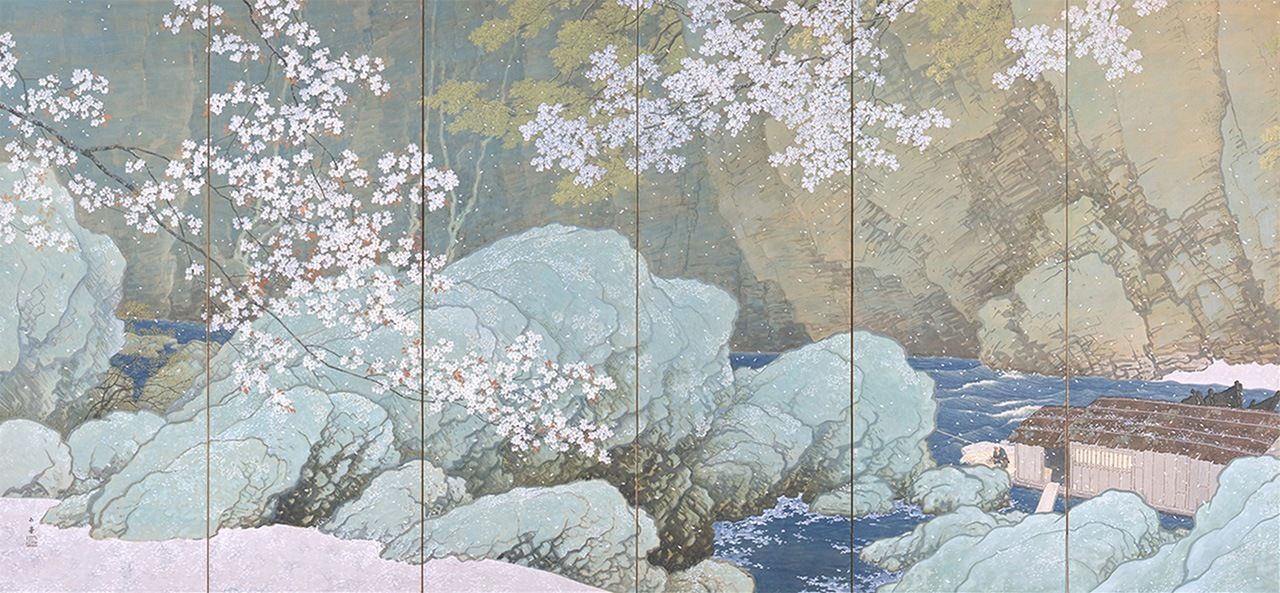 川合玉堂的作品《去春》（1916年，六曲一双屏风，左只高183厘米，宽390厘米）