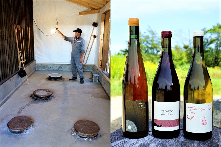 埋有克维利陶罐的屋子（左）；栗泽葡萄酒厂（KONDO酒庄）酿造的三款酒。最右边的“moseusi tomo blanc 2020”是由近藤的妻子智子负责酿造的（作者拍摄）