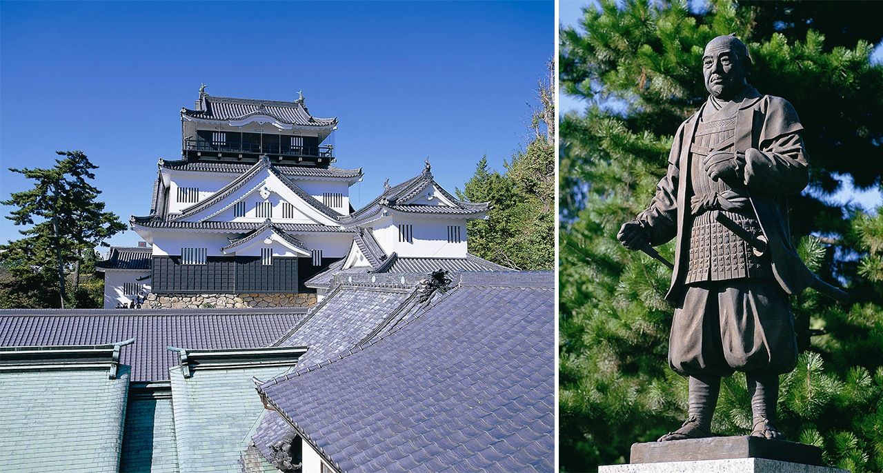 与德川家康有着深厚渊源的爱知县冈崎市。图片为家康出生的冈崎城（左）和冈崎公园内的德川家康铜像（图片提供：冈崎市）
