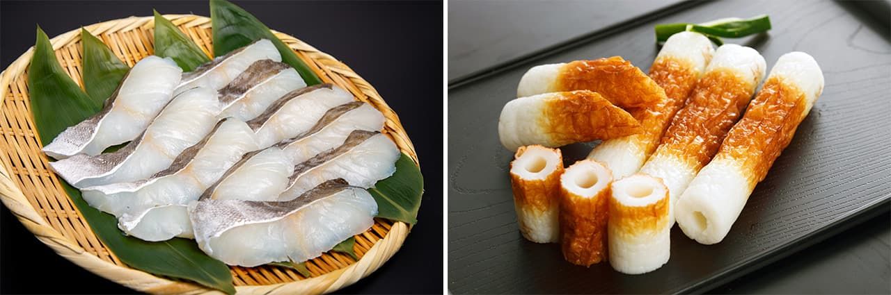 大头鳕的鱼段（左），以鳕鱼为原料制作的鱼肉泥制品——鱼卷（图片：PIXTA）
