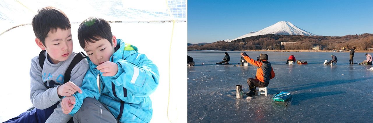 钓西太公鱼的孩子们(左);山梨县山中湖上钓西太公鱼的景象(图片:PIXTA)