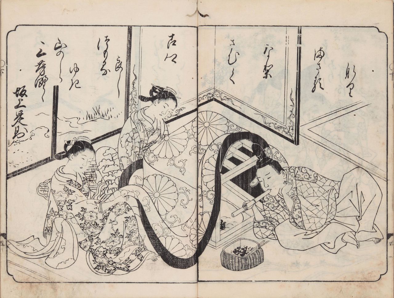 《绘本和歌浦》(1734年发行)中描绘了一家人点燃炭火,准备放入被炉中的场景(日本国文学研究资料馆藏)
