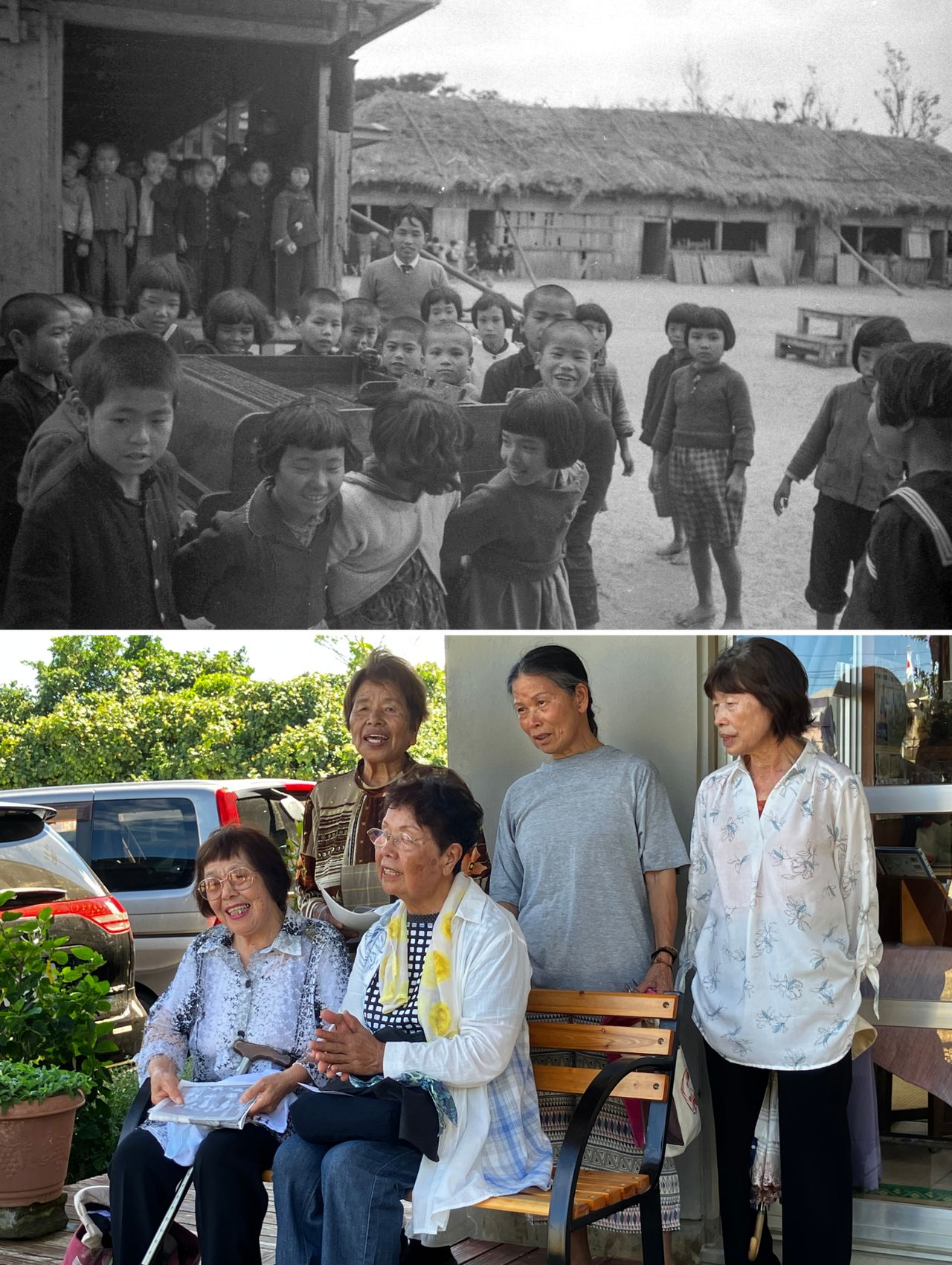 正在往新校舍搬运风琴的国头小学学生们。后来他们在母校畅谈往事(摄影:芳贺日向)