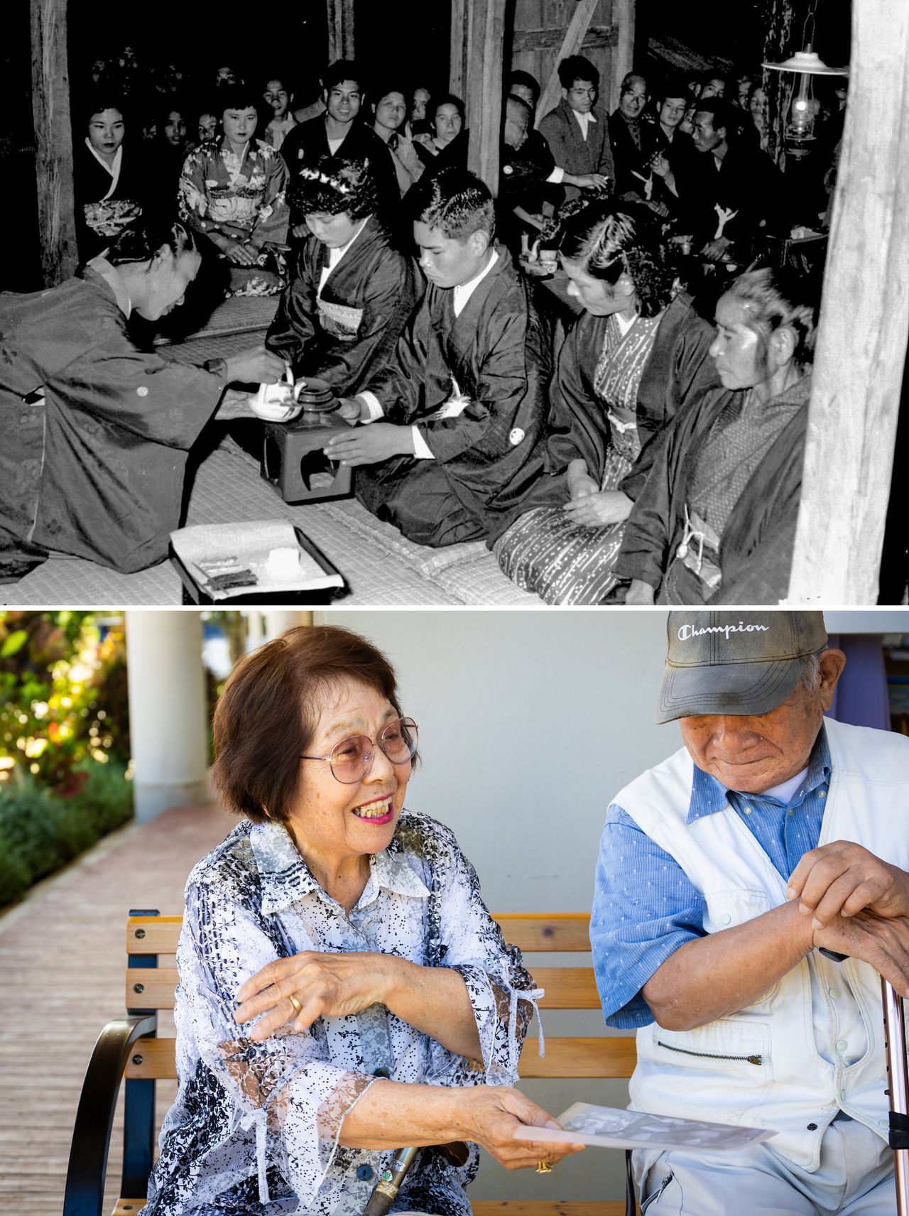 当时因好多人围观而羞涩不已、始终低着头的新娘。“有的人把山羊都牵来看热闹了”,她笑着回忆(摄影:nippon.com日本网)