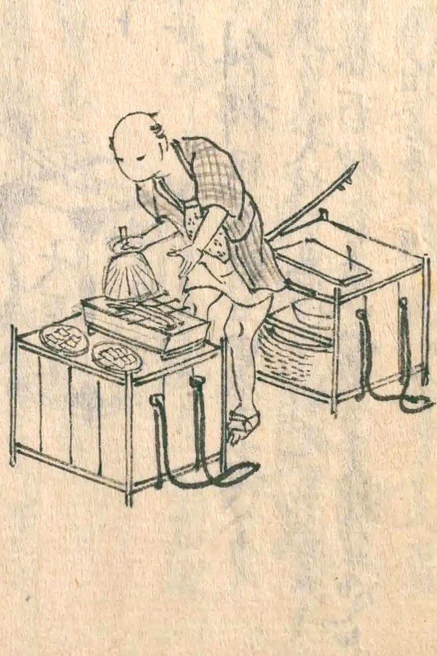 使用味醂调配酱汁的烤鳗鱼摊贩。出自《守贞漫稿》第六卷(日本国立国会图书馆馆藏)