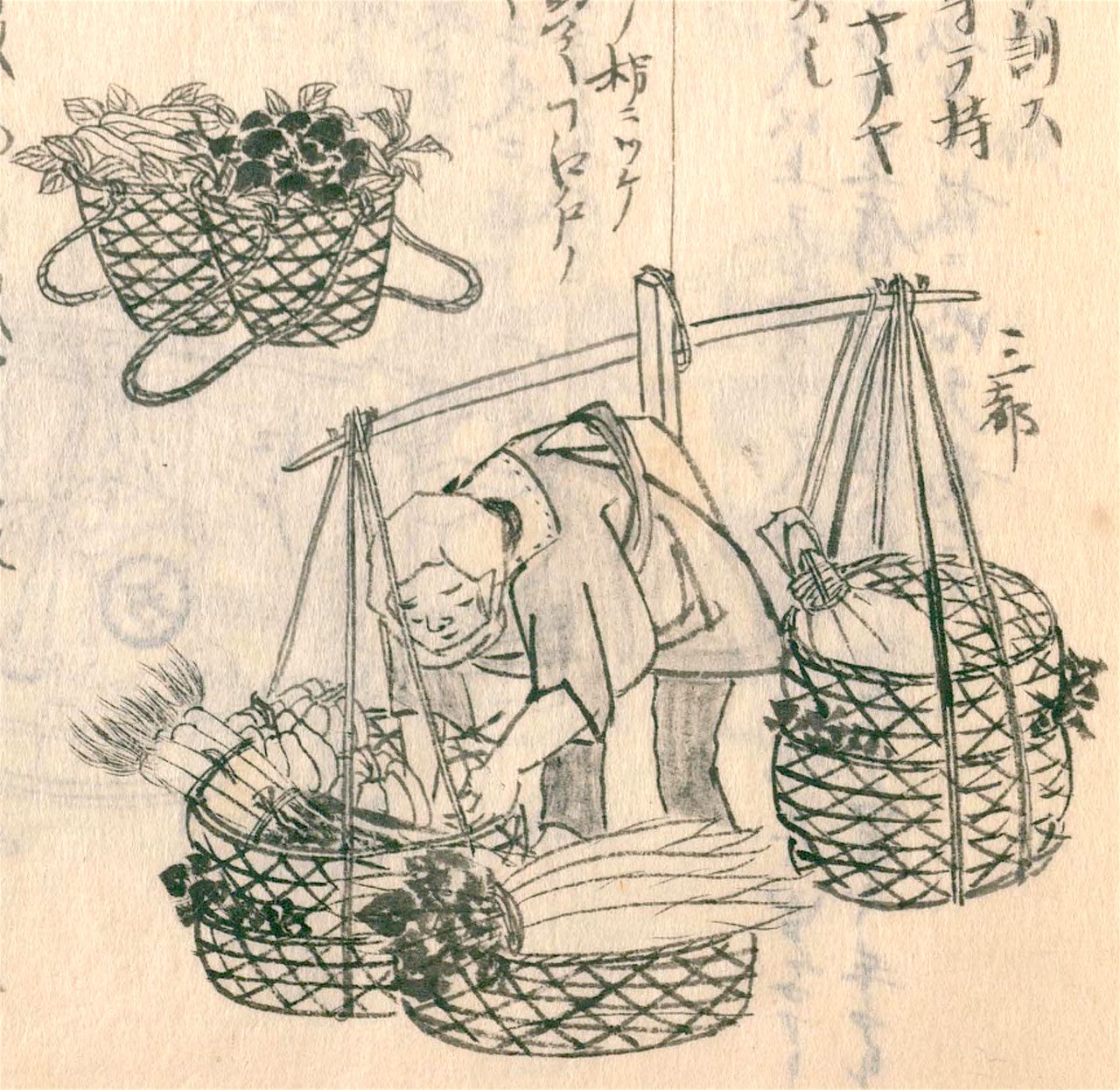 卖长萝卜的棒手振。前面是京坂地区的篮子，后面（左上）是江户棒手振挑的篮子，外形略有不同（《守贞漫稿》国立国会图书馆藏）