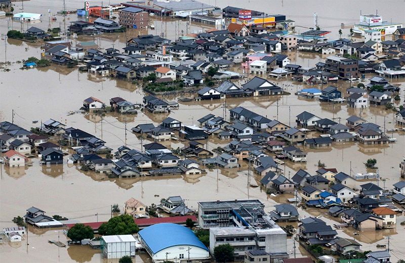 西日本暴雨导致城市被淹，2018年7月8日上午，冈山县仓敷市上空（时事社）