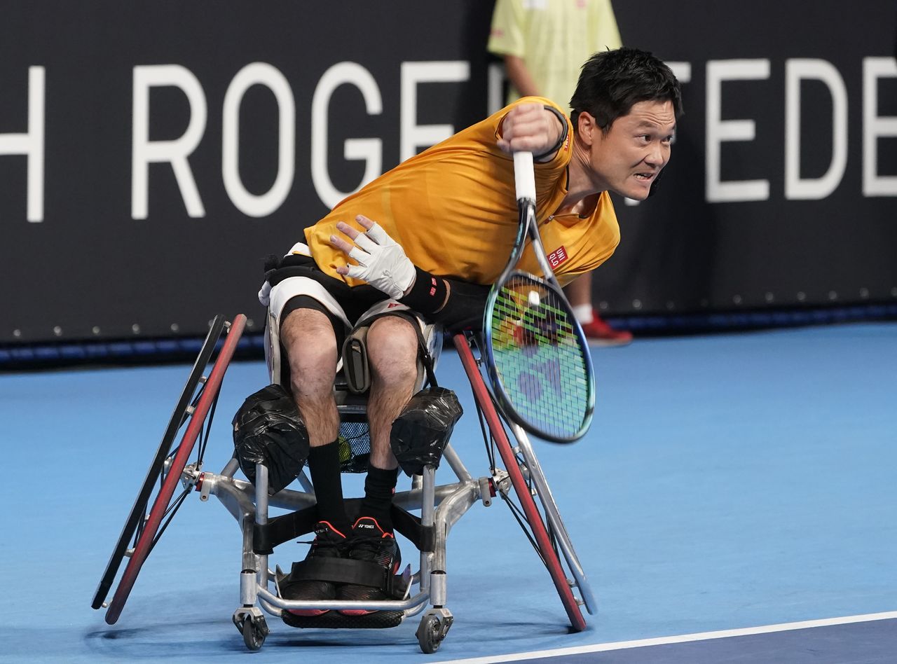 国枝慎吾参加在东京举行的轮椅网球比赛（2022年11月19日，江东区 有明体育馆，时事社）
