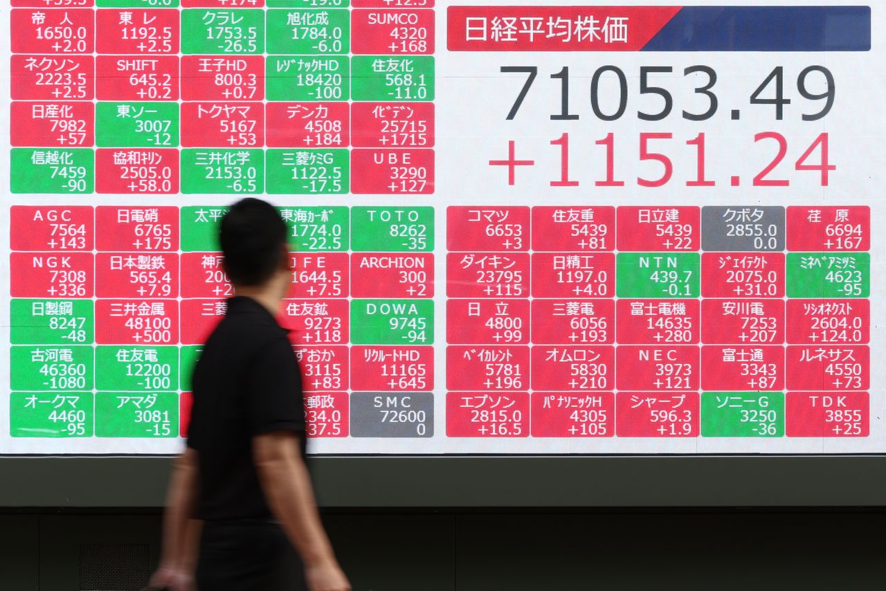 日经平均指数收盘点位首次超过7万点,18日,东京都中央区(时事社)