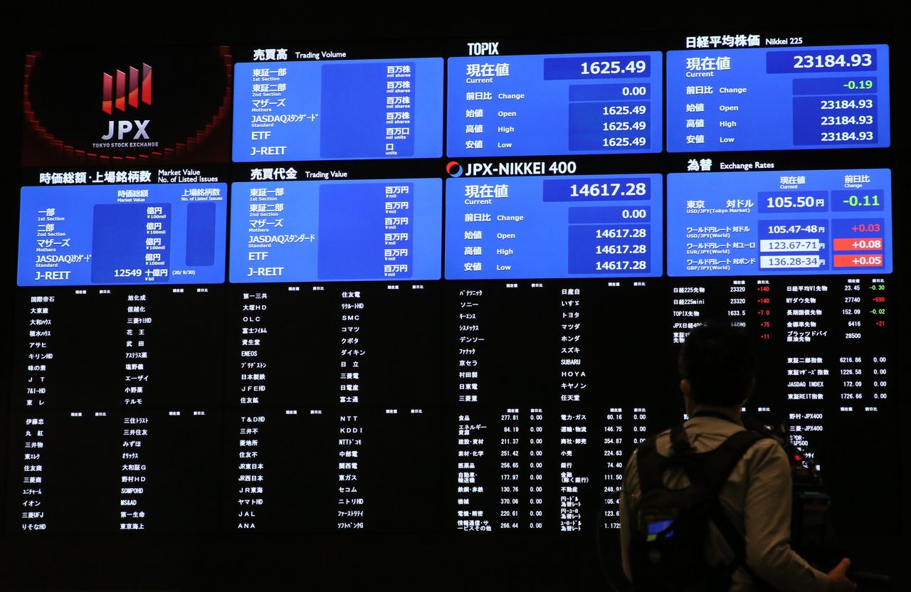 东京证券交易所股票交易停止后的电子显示屏，2020年10月1日上午，东京都中央区（时事社）