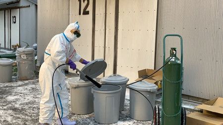 福冈县政府一名职员在确认发生禽流感疫情的养鸡场做扑杀准备工作，25日上午，福冈县宗像市（福冈县提供）