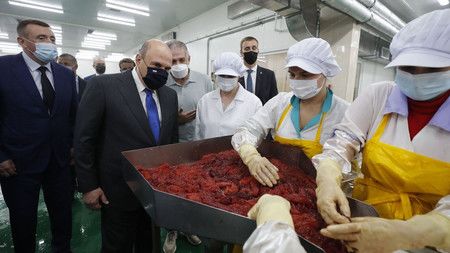 7月26日，俄总理米舒斯京（左二）视察伊土鲁朴岛上的水产加工厂（俄罗斯政府提供）