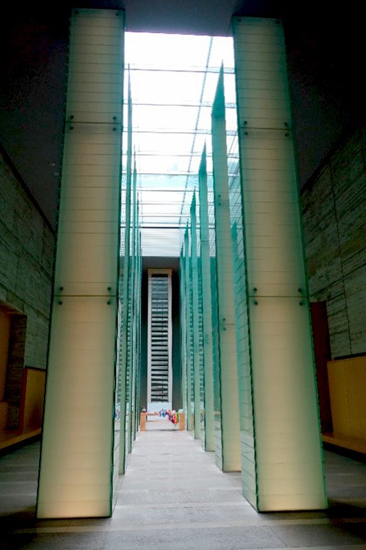 The Peace Memorial’s Remembrance Hall houses 12 glass pillars engraved with the names of atomic bomb victims.