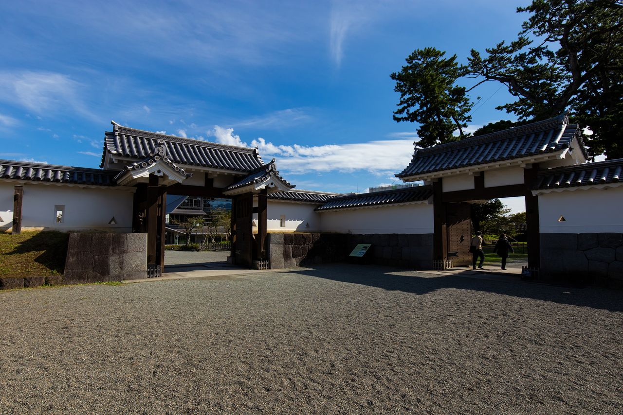 The Umadashi Gate, left, and Kabuki Gate open onto a square masugata court designed to delay attacking forces. The graveled area was also used as a gathering place for troops.