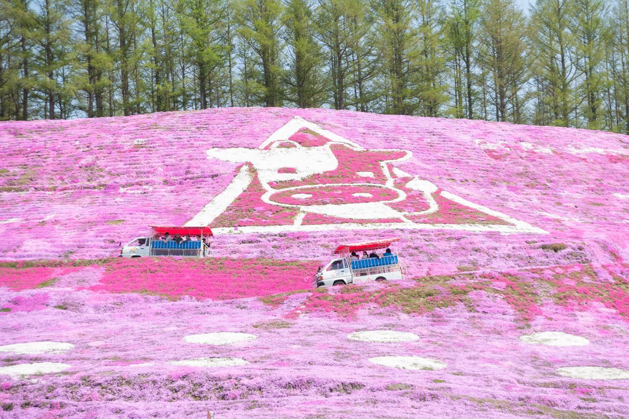 Park tram fares are ¥300 for adults and ¥150 for elementary-school students. The cow image depicted on the slope is “Nonky,” a character created for the former village of Higashimokoto and its booming dairy industry.